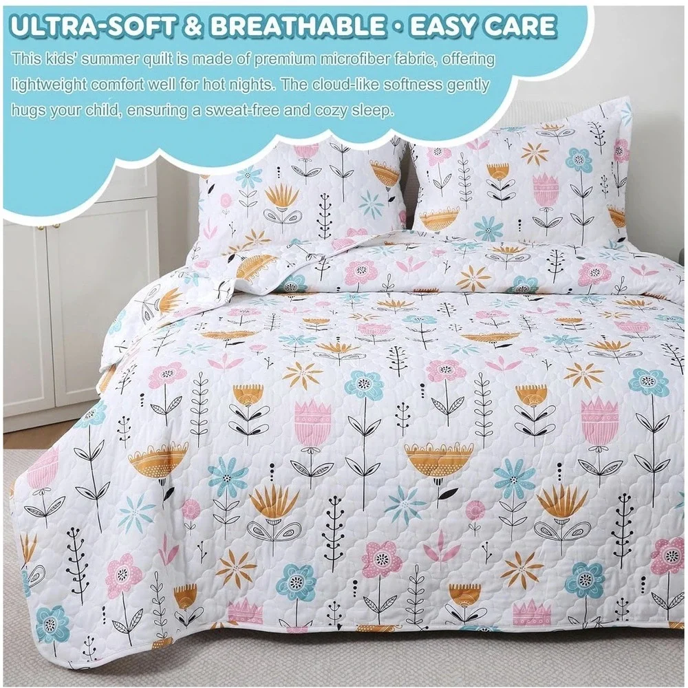 Girls Pink Floral Quilt Set Full Size‎ Kids Bedding Set
